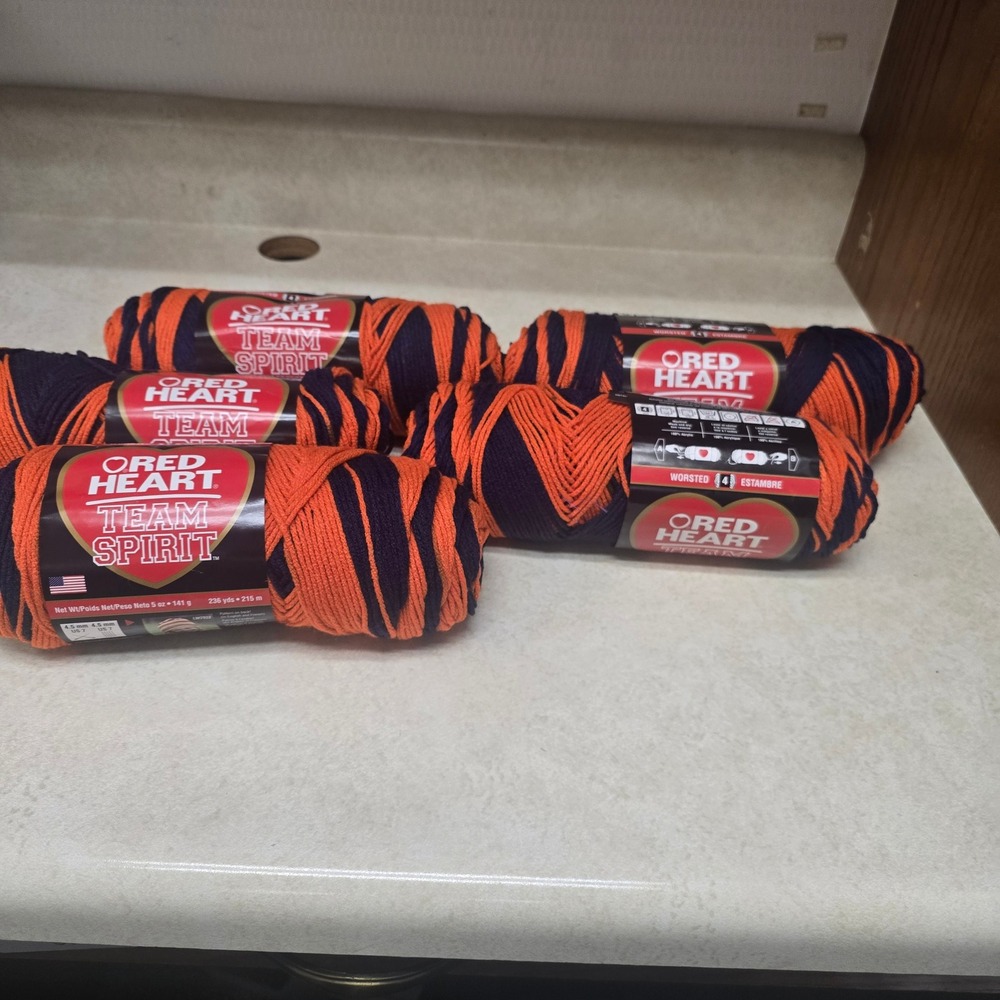 Red Heart Team Spirit Yarn Orange Navy Blue Worsted Acrylic Lot of 5 Skeins